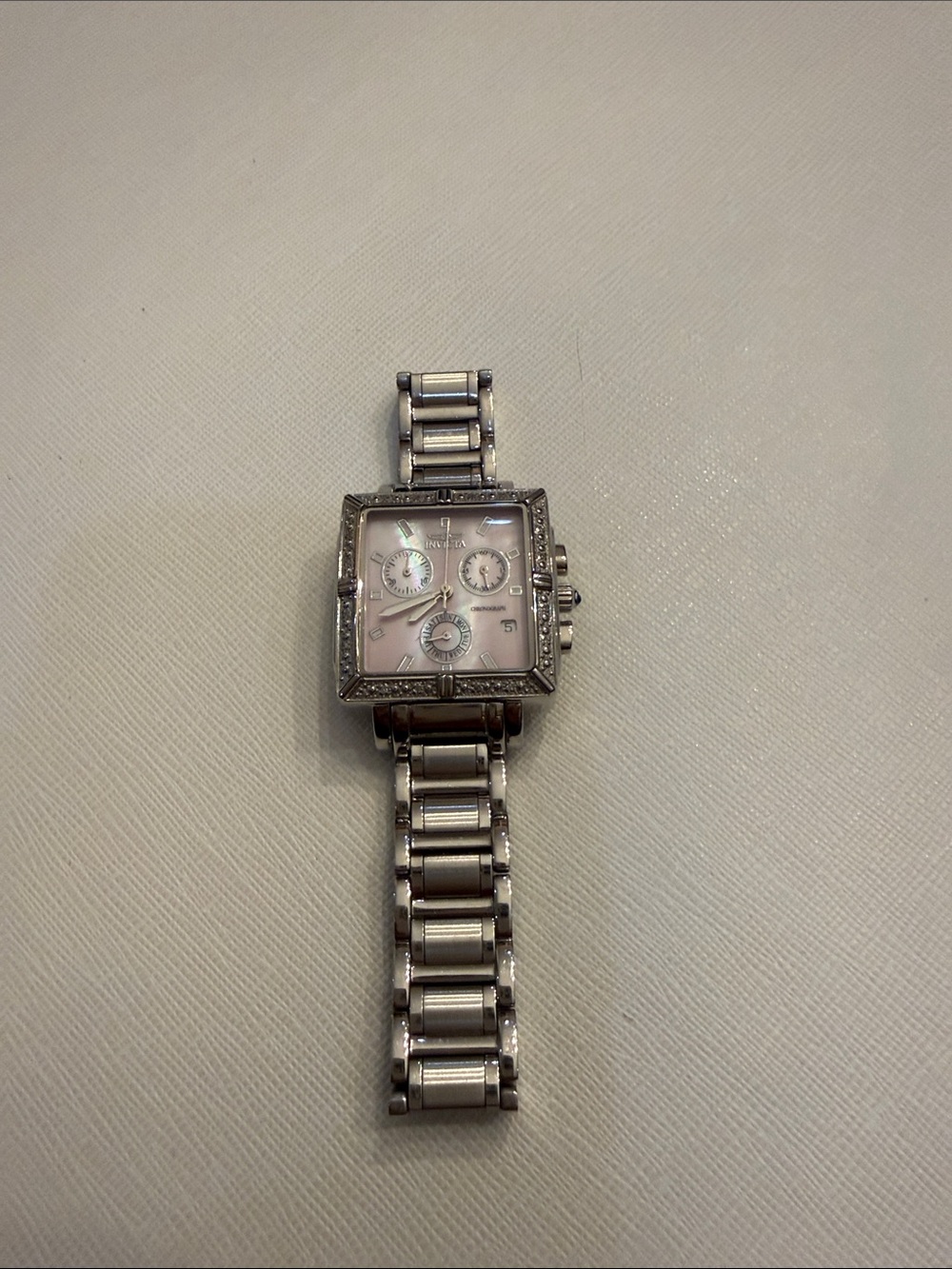Invicta Silver Stainless Steel Square Chronograph Watch with Pink Dial